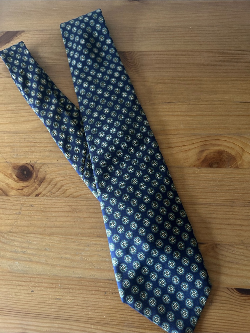 Brooks Brothers Navy Tie with Gold Medallion Pattern